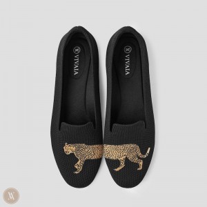 Black VIVAIA Audrey Women's Round-Toe Embroidered Loafers - AZL-4559