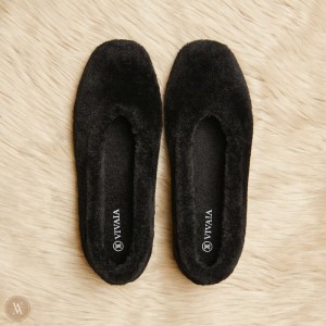 Black VIVAIA Margot Women's Square-Toe Recycled Mink Faux Fur Flats - VXC-9626