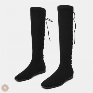 Black VIVAIA Pandora Women's Square-Toe Back-Lace Mid-Calf Boots - ONT-6249