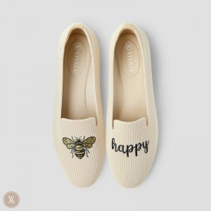 Cream White VIVAIA Audrey Women's Round-Toe Embroidered Loafers - UHG-1909