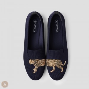 Navy VIVAIA Audrey Women's Round-Toe Embroidered Loafers - YNY-8436