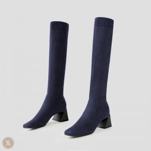 Navy VIVAIA Rebecca Women's Square-Toe Block Heel Knee-High Boots - FVC-3503