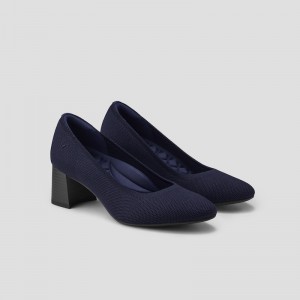 Navy VIVAIA Tamia Block Heel Women's Almond Toe Heels - ZMT-8158