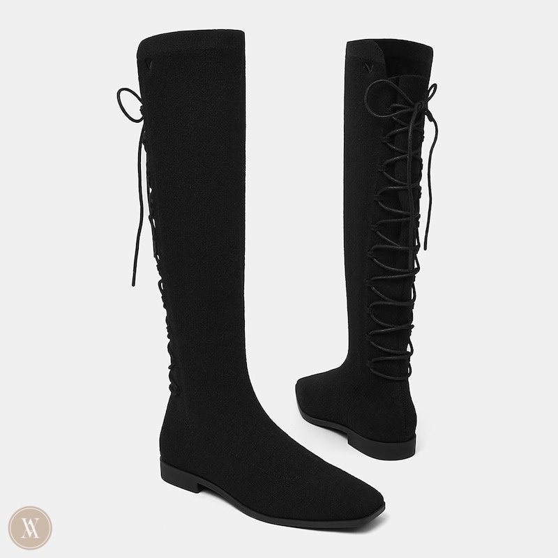 Black VIVAIA Pandora Women's Square-Toe Back-Lace Mid-Calf Boots - ONT-6249