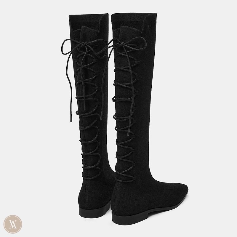 Black VIVAIA Pandora Women's Square-Toe Back-Lace Mid-Calf Boots - ONT-6249