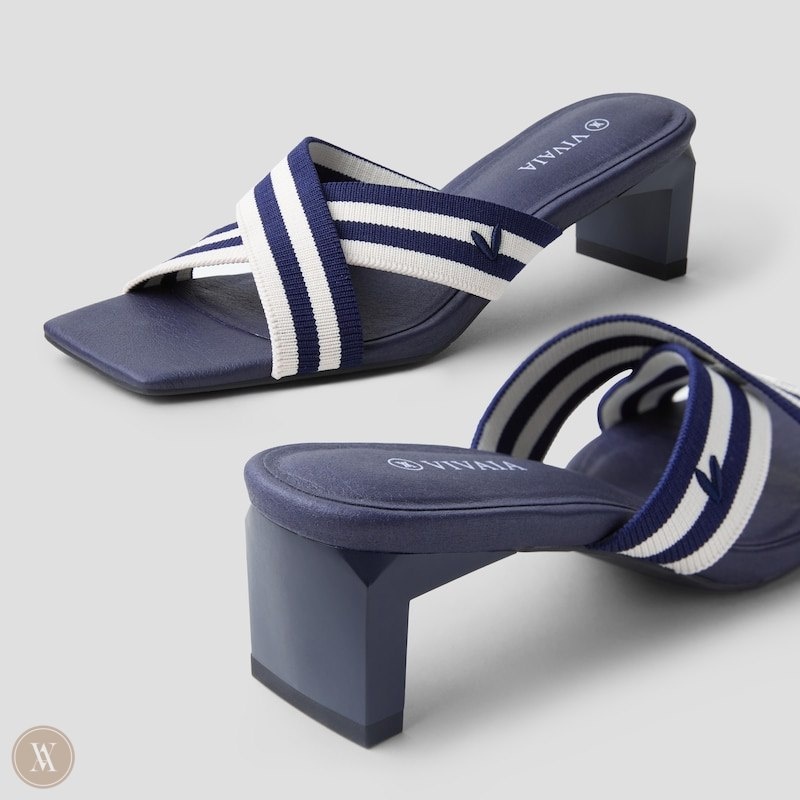 Navy Stripes VIVAIA Jade Women's Square-Toe Block Heel Criss-Cross Sandals - XCB-7672