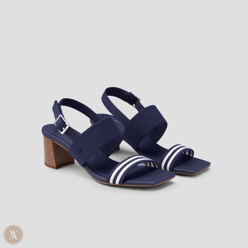 Navy Stripes VIVAIA Luna Women\'s Square-Toe Block Heel Sandals - TRF-9926