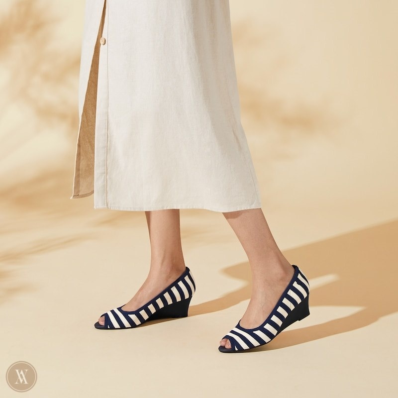 Navy Stripes VIVAIA Tamia Peep Toe Women's Peep Toe Wedge - OYN-1199