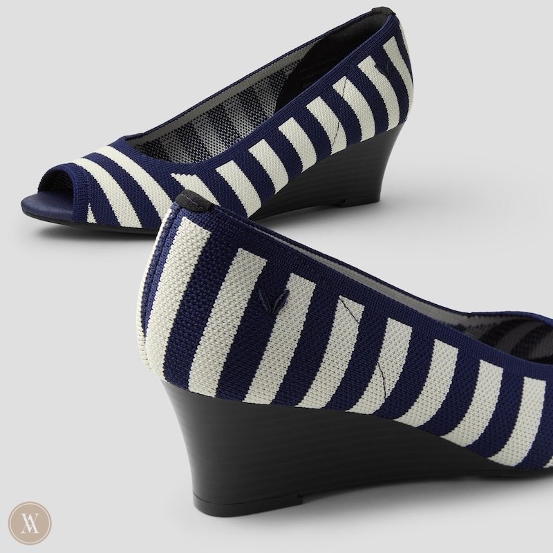 Navy Stripes VIVAIA Tamia Peep Toe Women's Peep Toe Wedge - OYN-1199