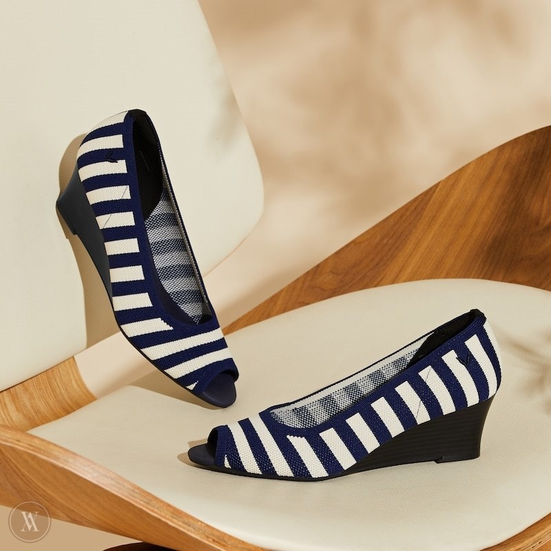 Navy Stripes VIVAIA Tamia Peep Toe Women's Peep Toe Wedge - OYN-1199