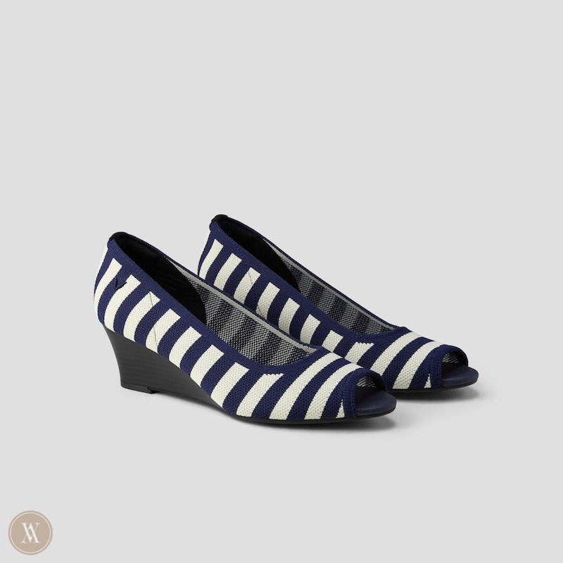 Navy Stripes VIVAIA Tamia Peep Toe Women\'s Peep Toe Wedge - OYN-1199