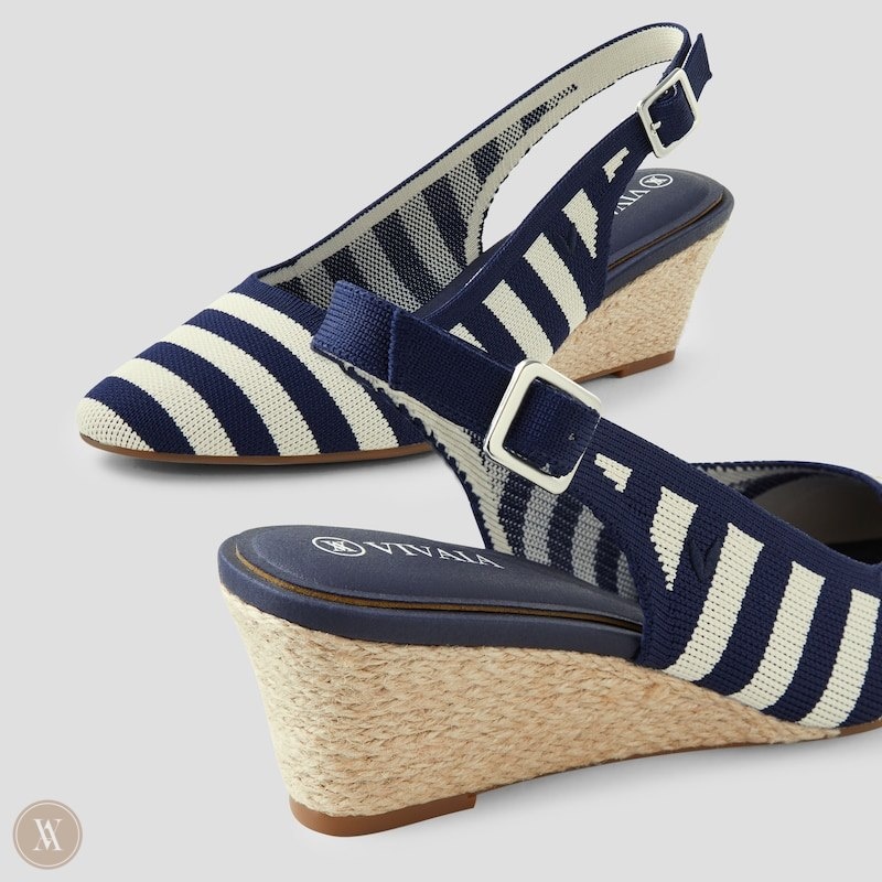 Navy Stripes VIVAIA Tamia Women's Almond-Toe Slingback Wedge Heeled Sandals - YZQ-2216